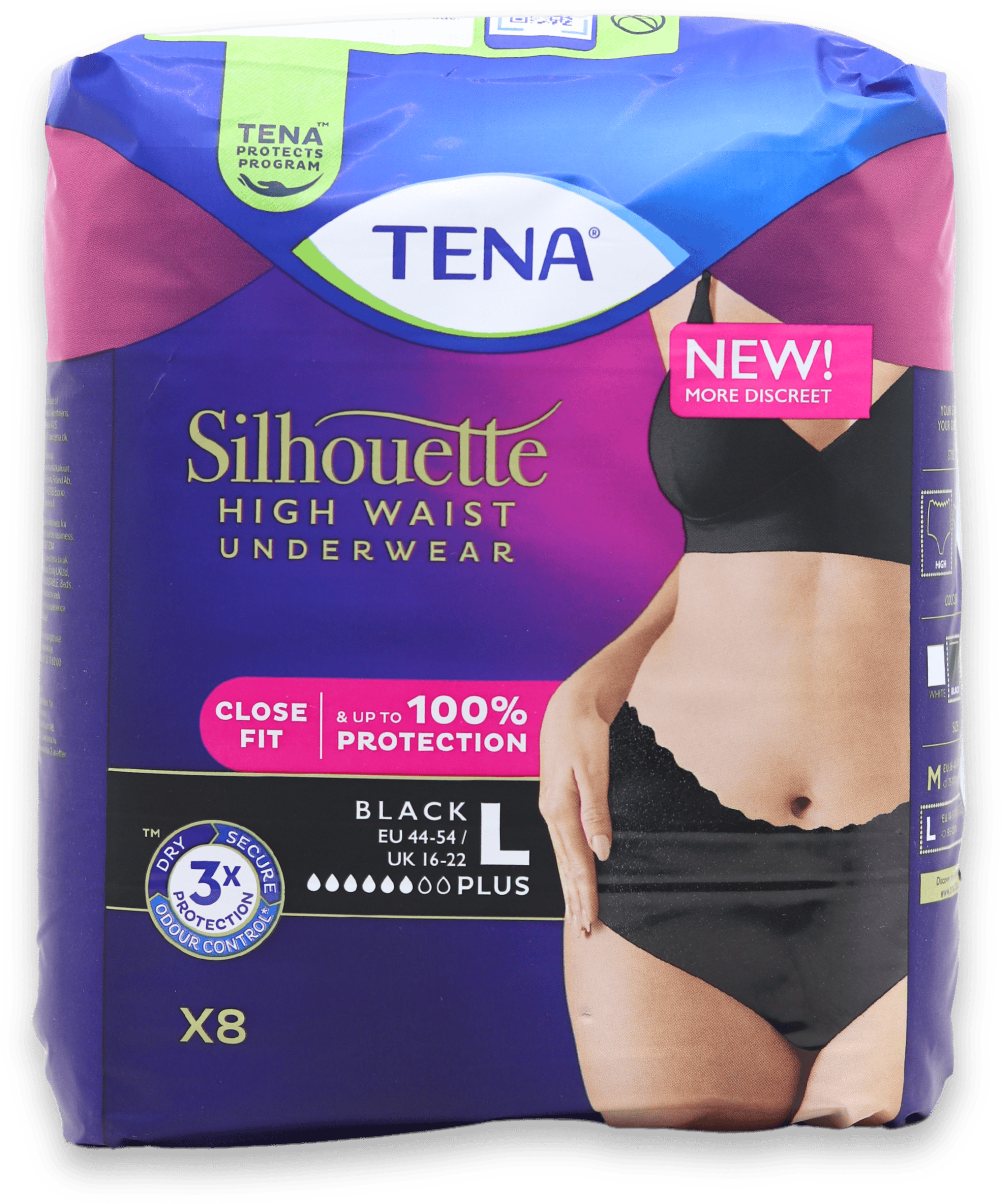 Tena Silhouette High Waist Underwear Black Large 8 Pack