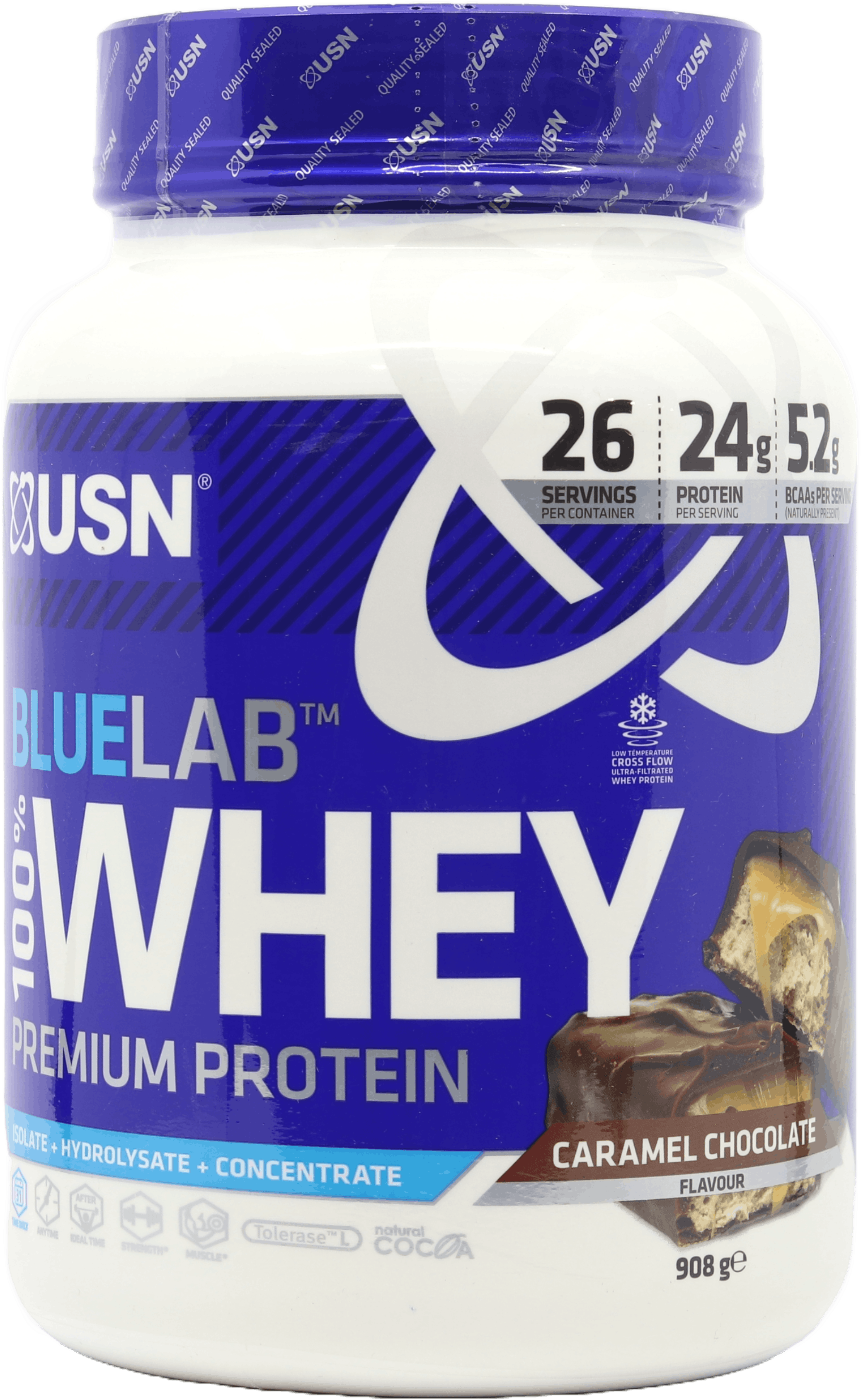 USN BlueLab 100% Whey Premium Protein Caramel Chocolate Flavour 908g ...