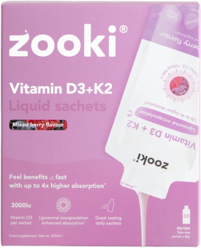 Zooki Vitamin D3 + Vitamin K2 Liposomal Mixed Berry Liquid Sachets 30 x 10ml